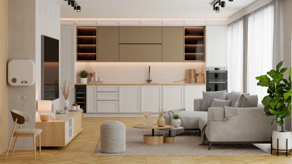 Estilo moderno render 3d de cocina y salón comedor en un ambiente